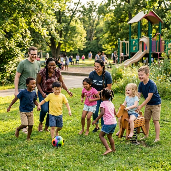 Group of children playing with a colorful ball and a spring horse toy in a green park with adults