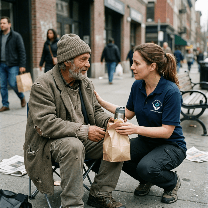 and handing a paper bag with food to a homeless man sitting on a folding chair