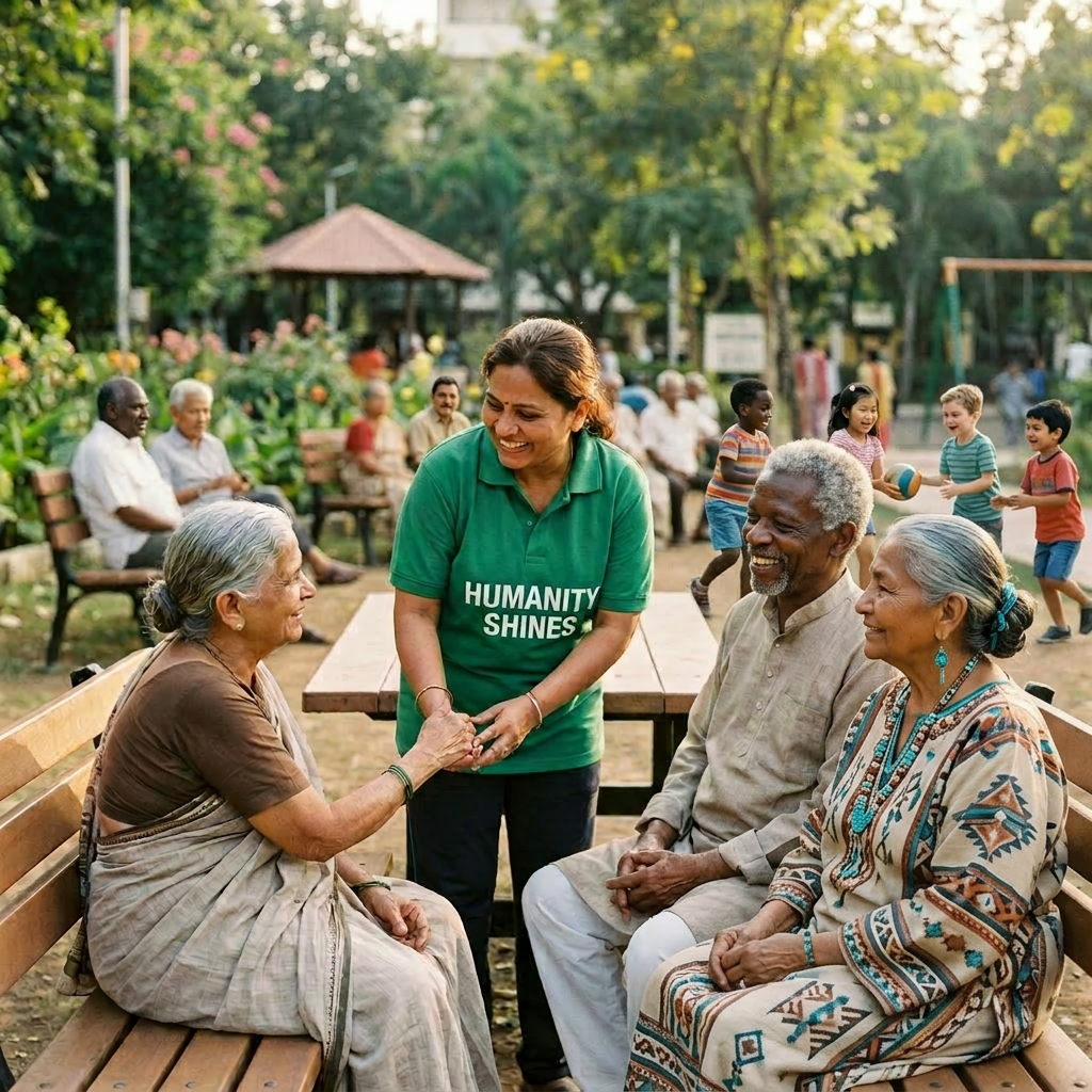Volunteer smiling and holding hands with elderly people sitting on benches in a park